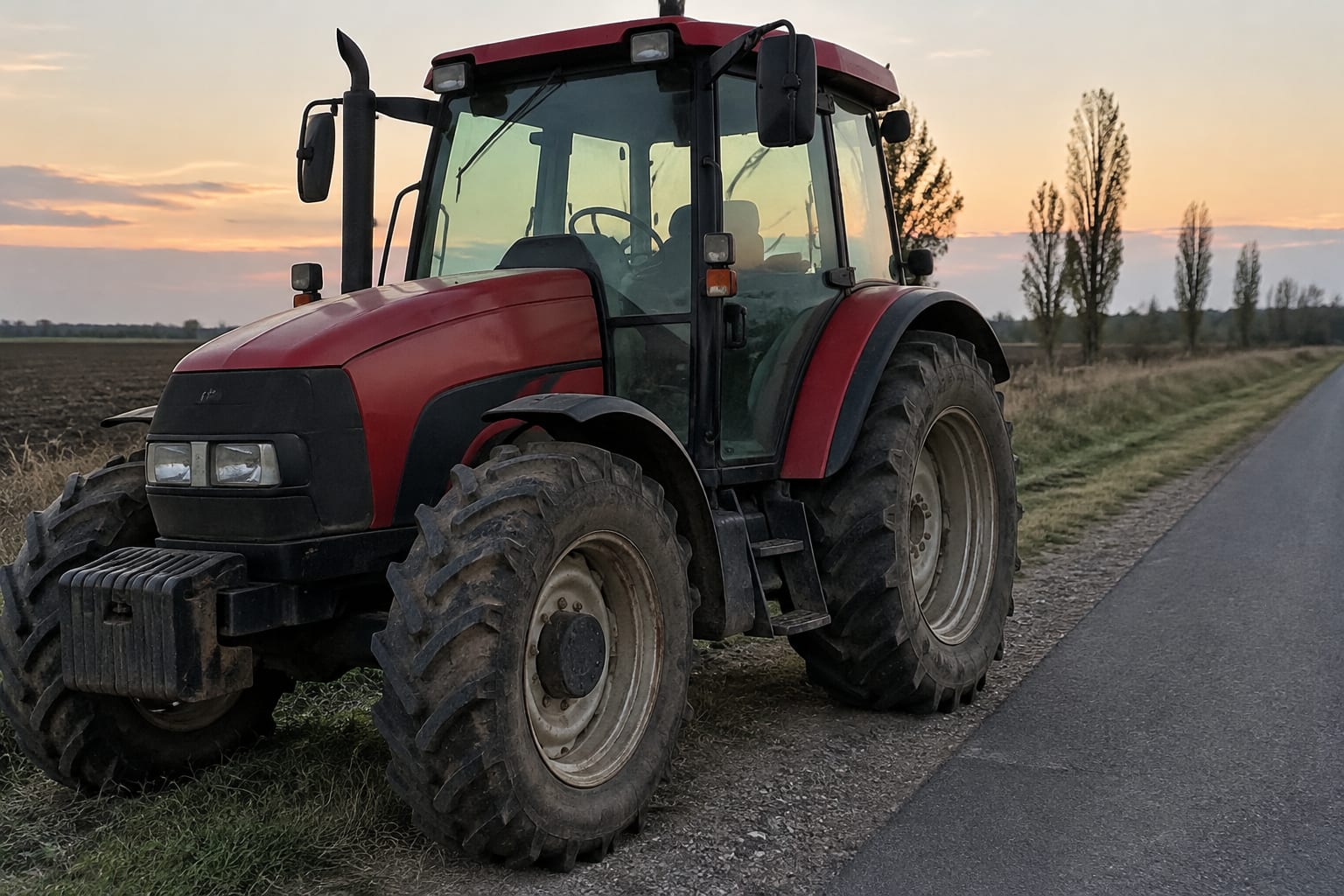 Un tractor parcat pe marginea drumului în timpul apusului