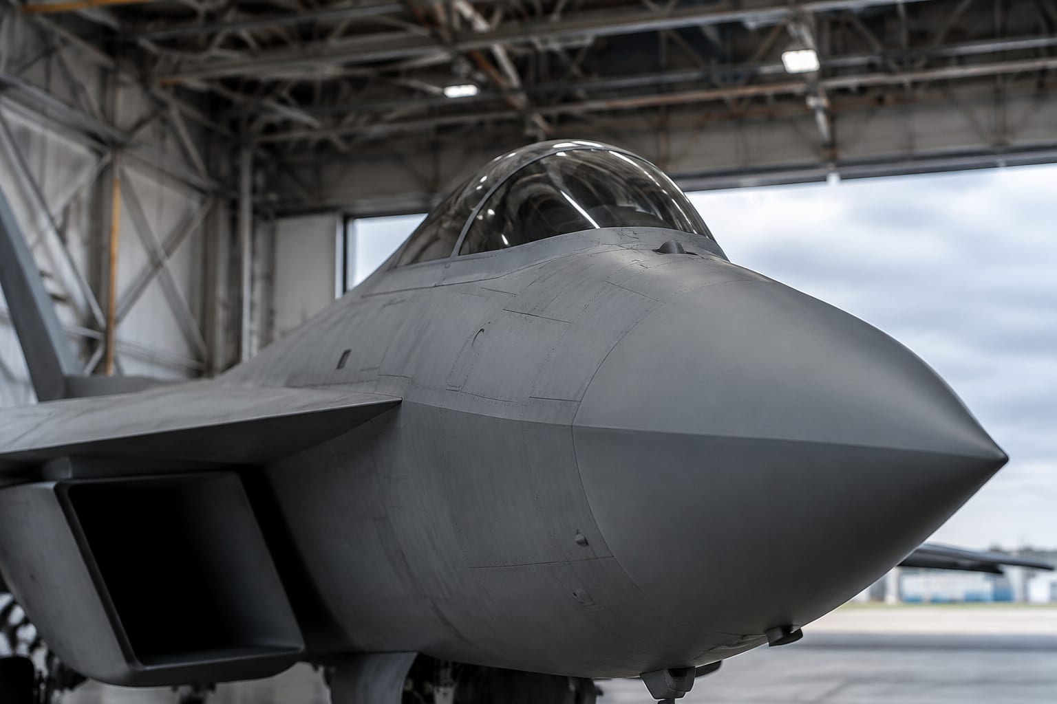 Avion militar de generație superioară prezentat într-un hangar de mentenanță